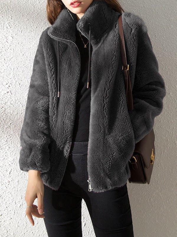 Women's Coats Stand Collar Zip Pocket Fleece Coats