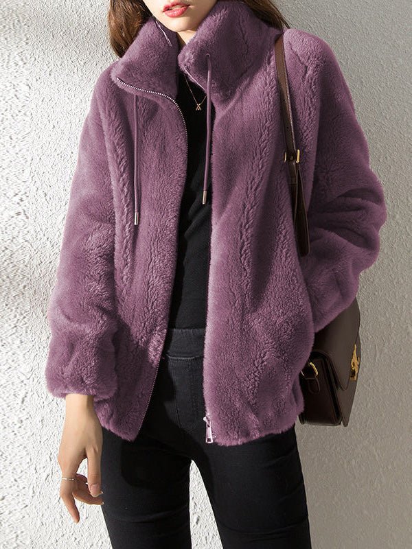 Women's Coats Stand Collar Zip Pocket Fleece Coats