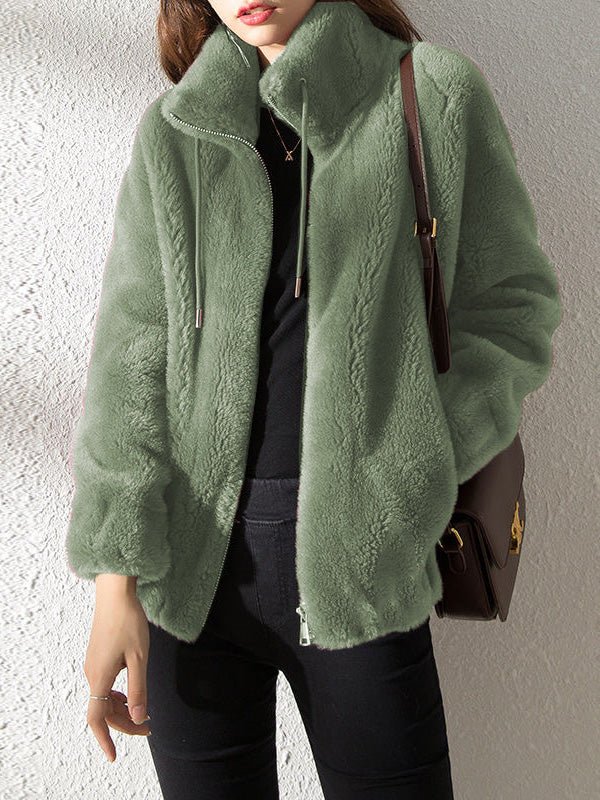 Women's Coats Stand Collar Zip Pocket Fleece Coats