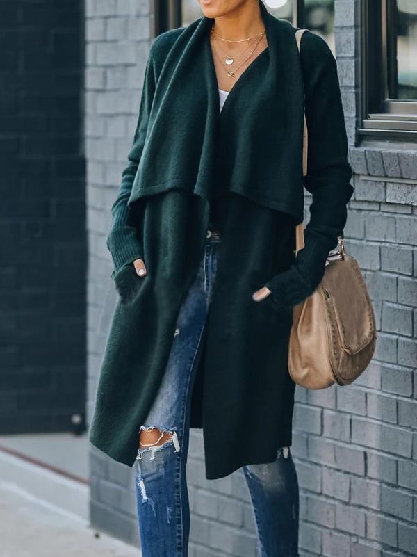 Women's Coats Temperament OL Tongle Long Sleeve Long Knit Coat