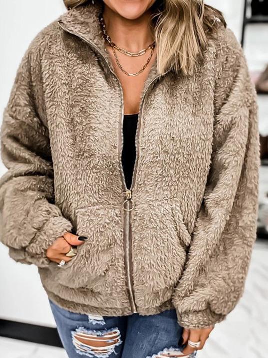 Women's Coats Woolen Fleece Zip Pocket Cardigan Coat
