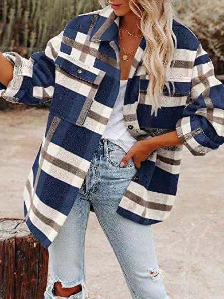Women's Coats Woolen Plaid Button Long Sleeve Shirt Coat