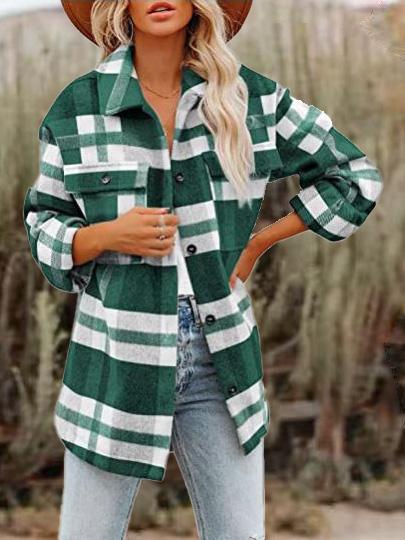 Women's Coats Woolen Plaid Button Long Sleeve Shirt Coat