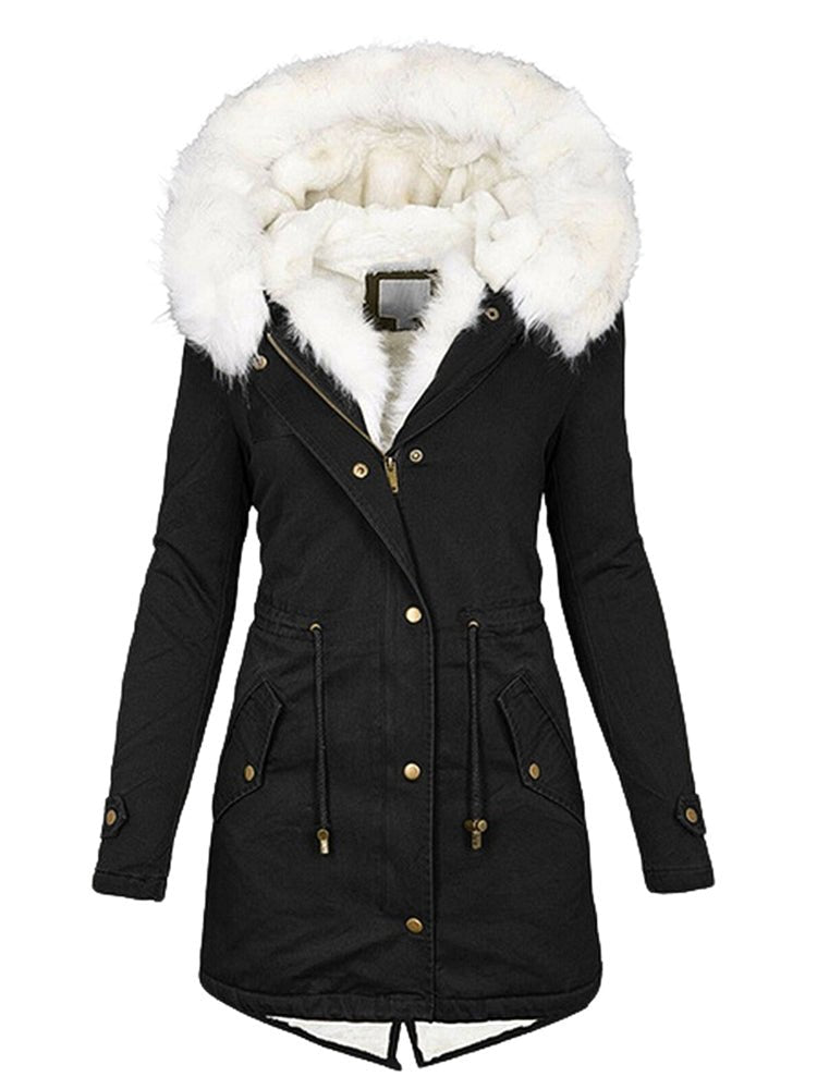Women's Coats Zip Pocket Fur Collar Hooded Thermal Fleece Coat