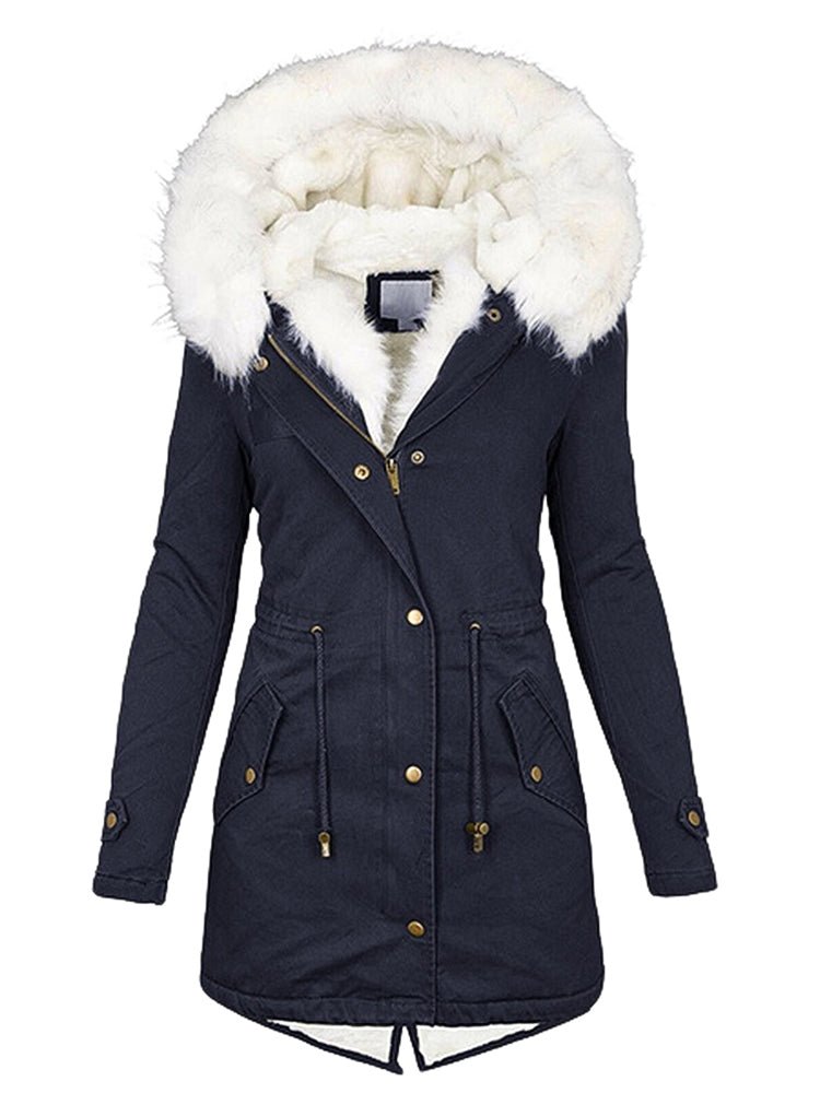 Women's Coats Zip Pocket Fur Collar Hooded Thermal Fleece Coat