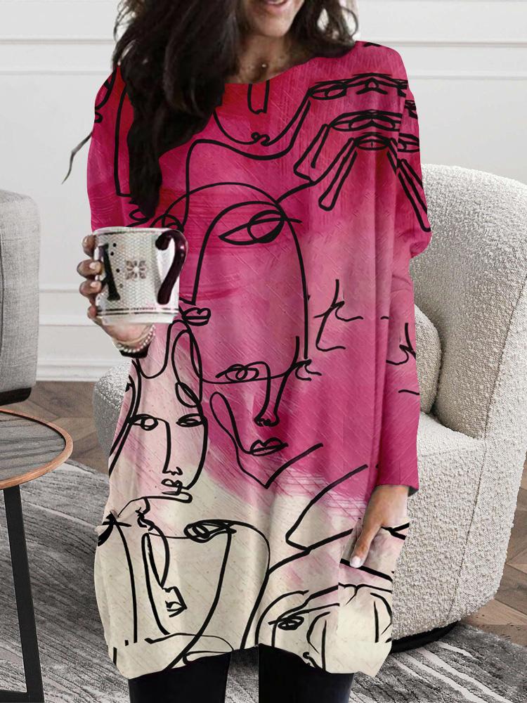 Women's Dresses Abstract Face Print Round Neck Pocket Long Sleeve Dress