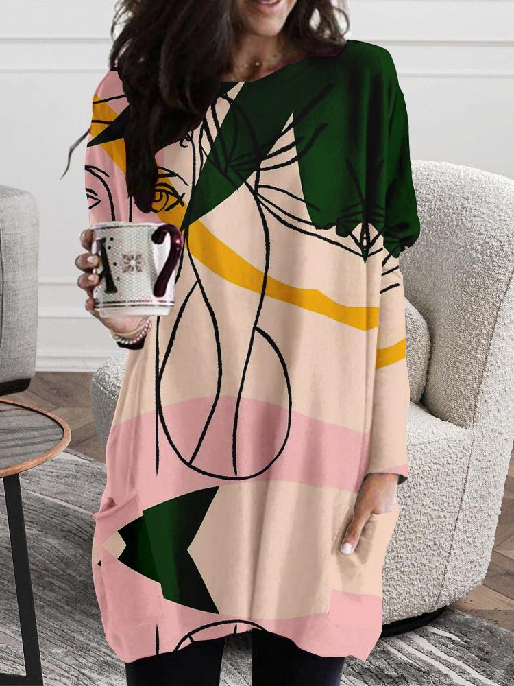 Women's Dresses Abstract Face Print Round Neck Pocket Long Sleeve Dress