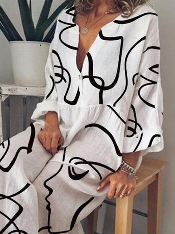 Women's Dresses Abstract Face Print V-Neck Long Sleeve Dress