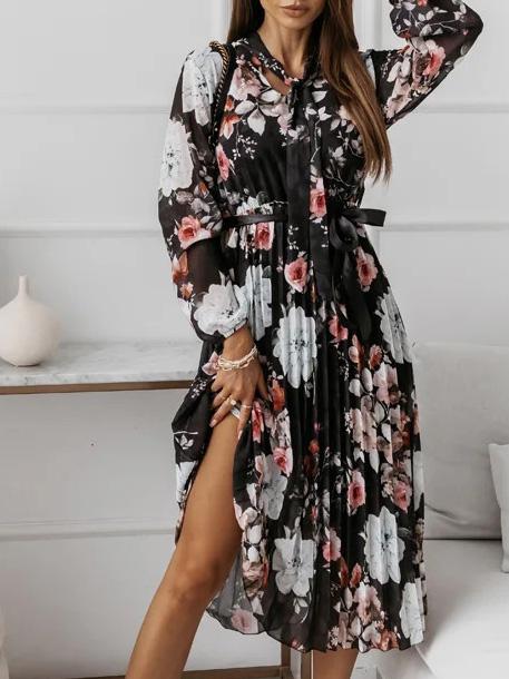 Women's Dresses Belted Chiffon Long Sleeve Floral  Pleated Dress