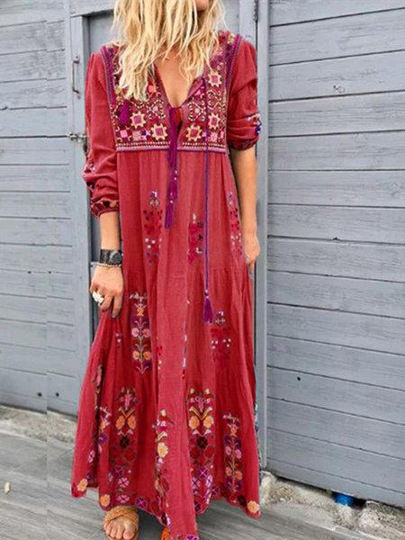 Women's Dresses Bohemian Drawstring Long Sleeve Dress
