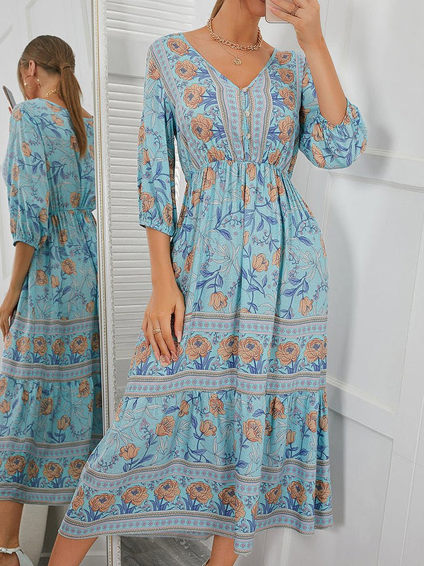 Women's Dresses Bohemian Printed Medium Sleeve Midi Dress