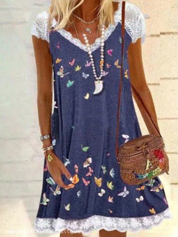 Women's Dresses Butterfly Print V-Neck Lace Casual Dress