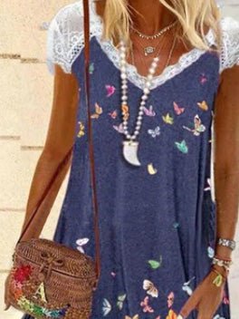 Women's Dresses Butterfly Print V-Neck Lace Casual Dress