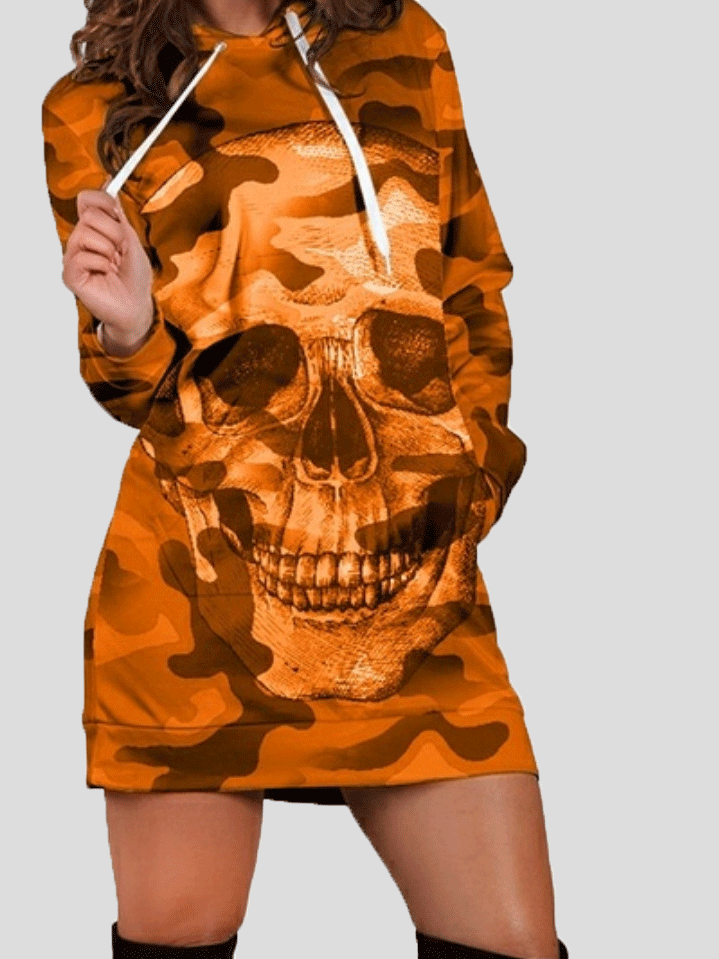 Women's Dresses Camouflage Skull Pocket Long Sleeve Hooded Dress