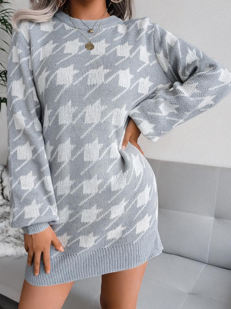 Women's Dresses Casual Long Sleeve Houndstooth Knitted Sweater Dress