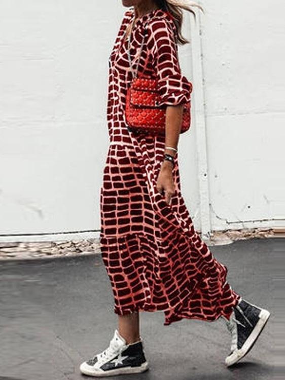 Women's Dresses Casual Printed Check V-Neck Long Sleeve Dress