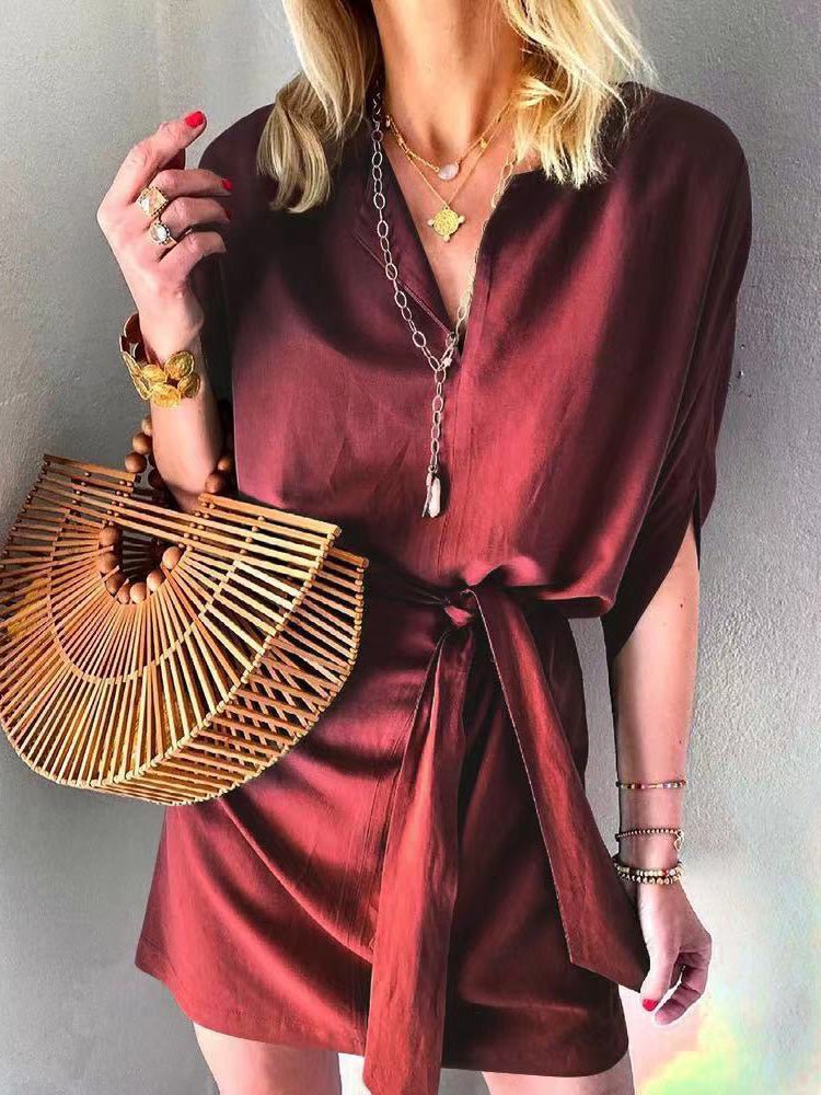 Women's Dresses Casual Solid Tie Mid Sleeve Dress