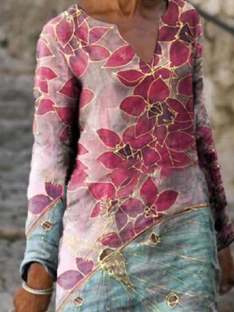 Women's Dresses Casual V-Neck Floral Print Long Sleeve Dress