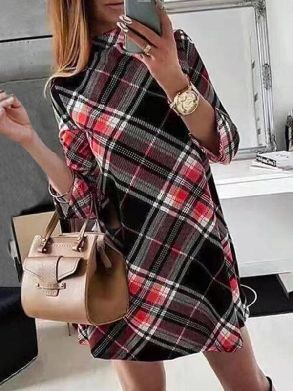 Women's Dresses Check Print Long Sleeve Mini Dress