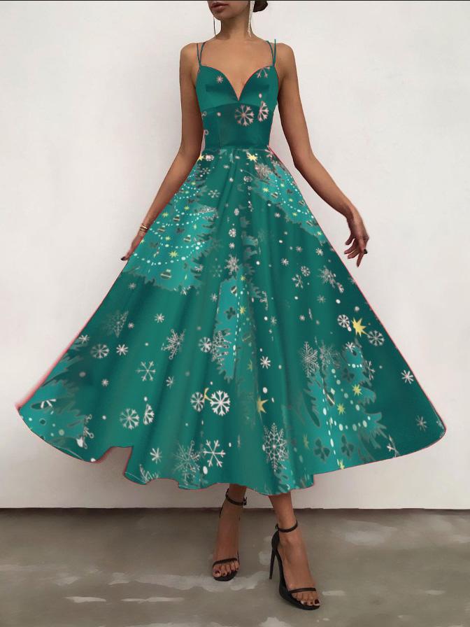 Women's Dresses Christmas Print Halter Strap Maxi Dress
