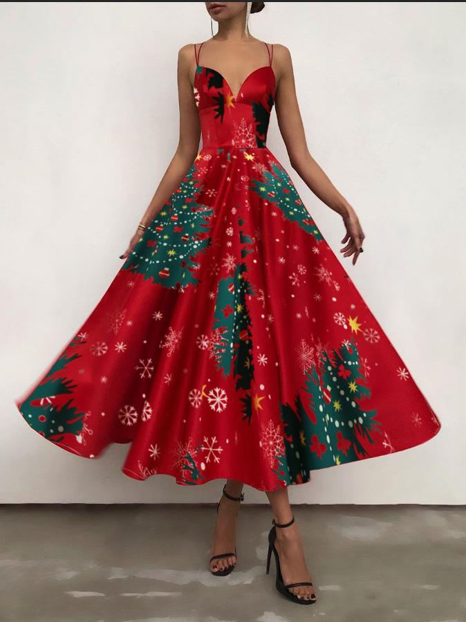 Women's Dresses Christmas Print Halter Strap Maxi Dress