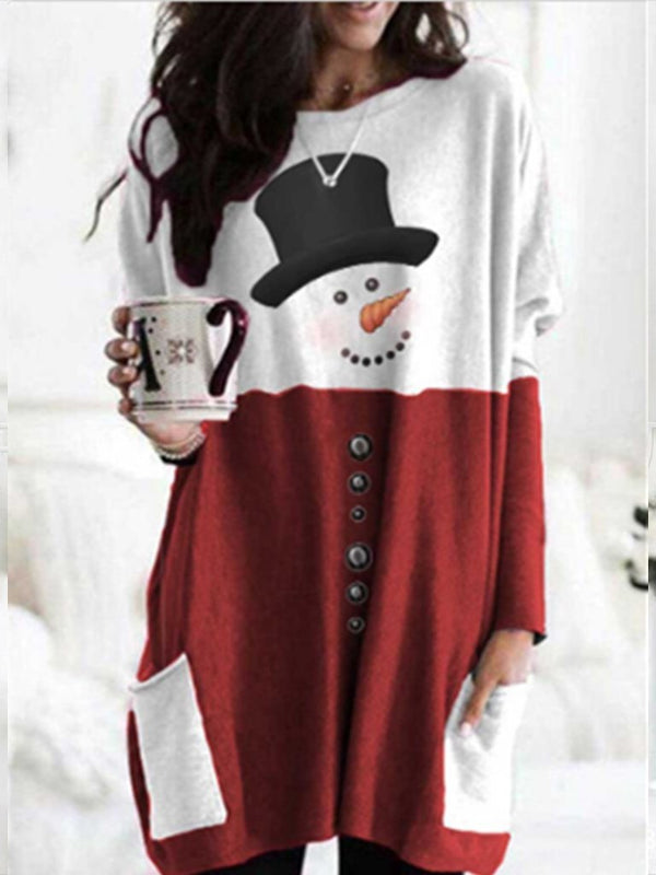 Women's Dresses Christmas Snowman Print Pocket Long Sleeve Dress