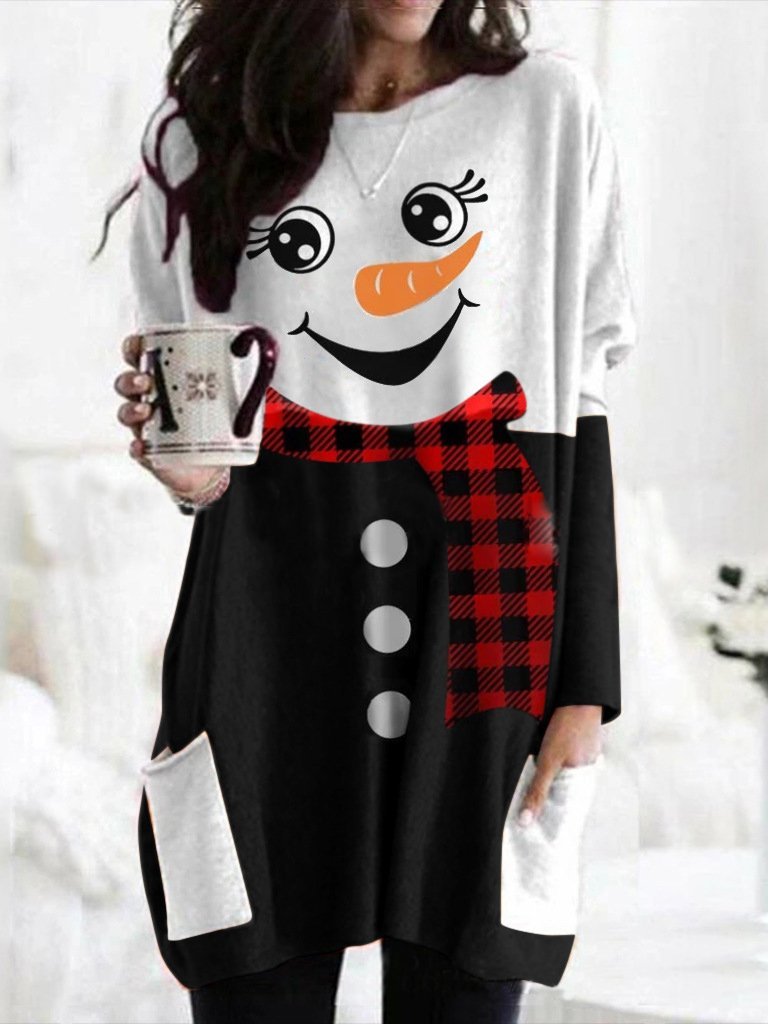 Women's Dresses Christmas Snowman Print Pocket Long Sleeve Dress