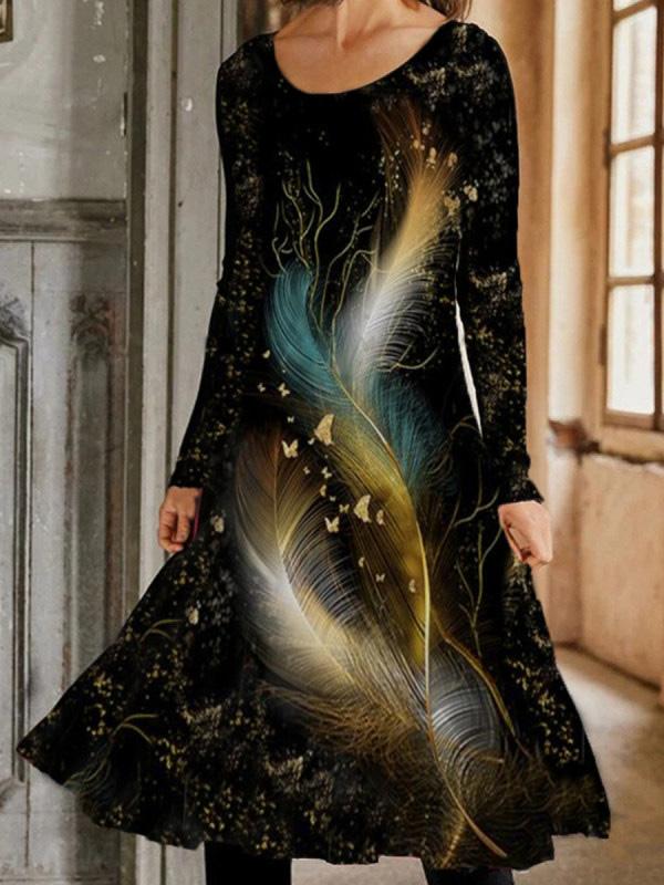 Women's Dresses Colorful Feather Print Long Sleeve Dress
