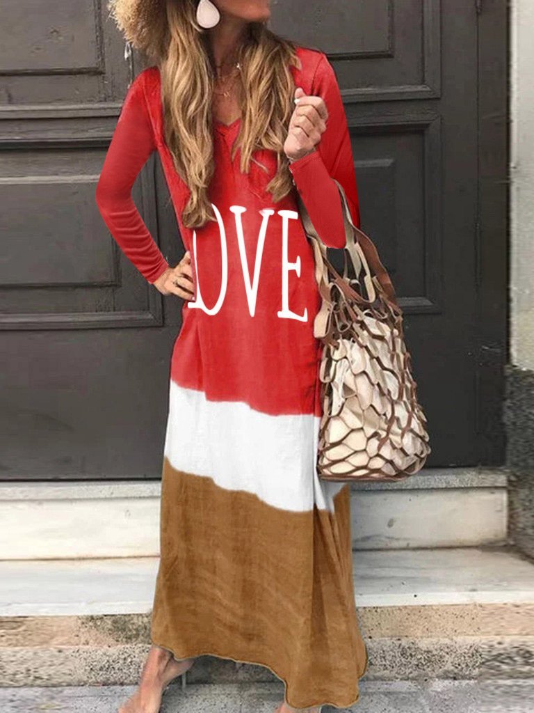 Women's Dresses Contrast Stitching Letters Long Sleeve Dress