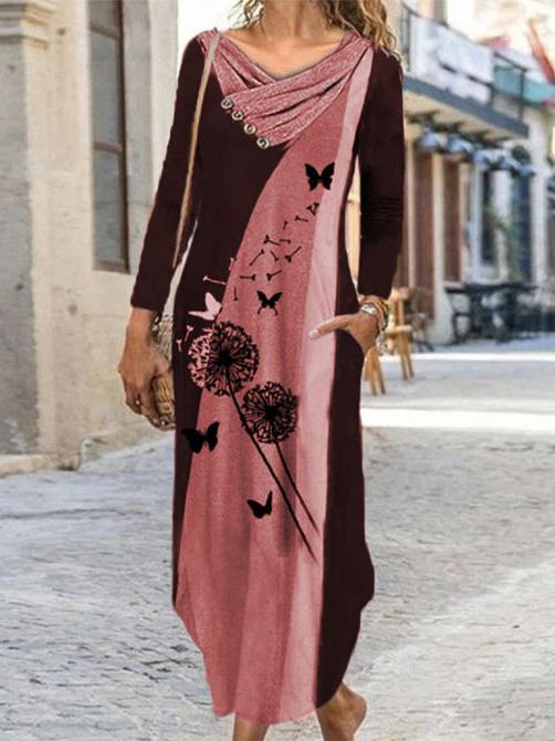 Women's Dresses Dandelion Print Pile Neck Long Sleeve Dress
