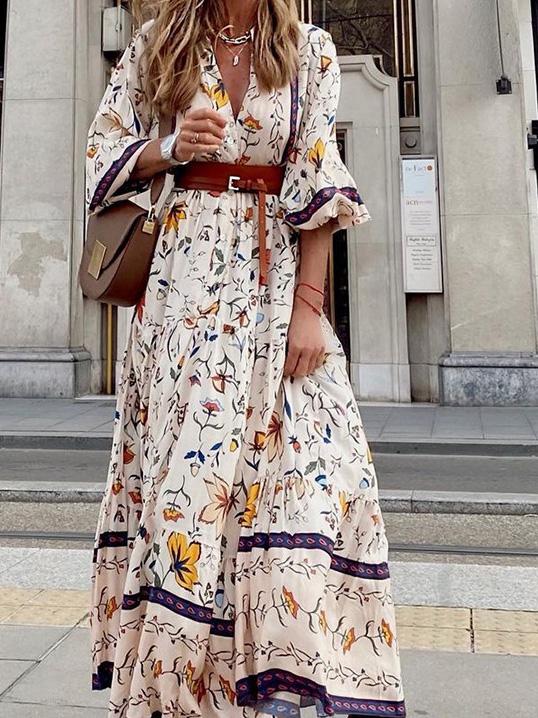 Women's Dresses Deep V-Neck Bohemian Print Maxi Dress