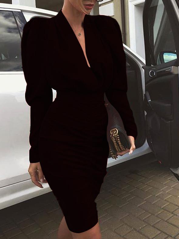 Women's Dresses Deep V-Neck Long Sleeve Skinny Midi Dress