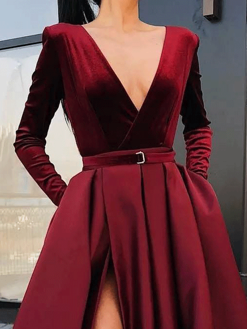 Women's Dresses Deep V-Neck Long Sleeve Split Dress