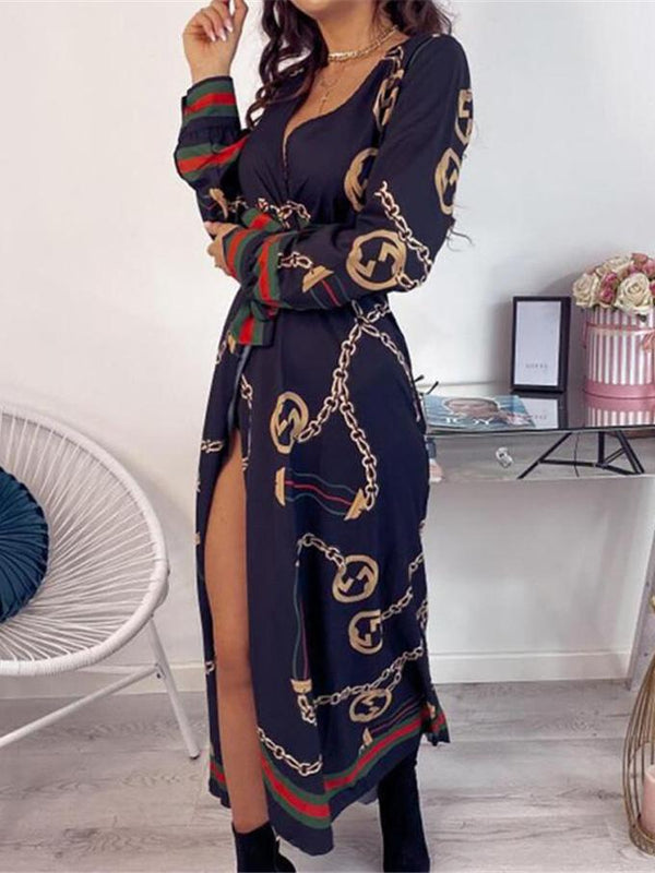 Women's Dresses Deep V-Neck Printed Lace Long Sleeve Dress
