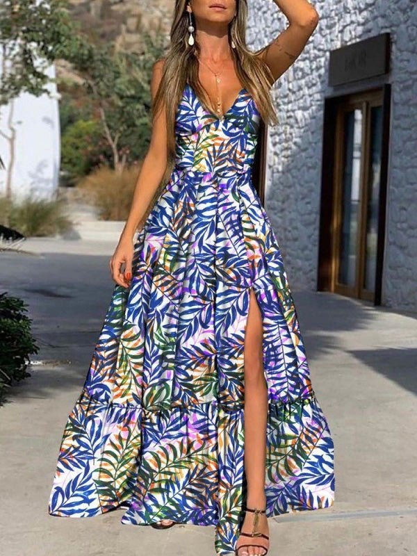 Women's Dresses Deep V-Neck Sling Leaf Print Slit Dress