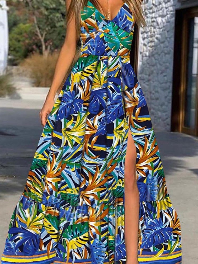 Women's Dresses Deep V-Neck Sling Leaf Print Slit Dress