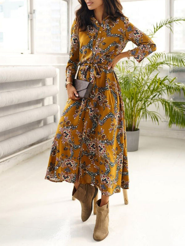 Women's Dresses Fashion Print Belted Long Sleeve Shirt Dress