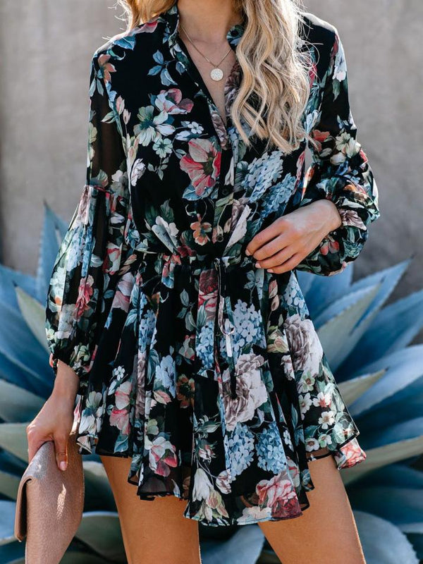 Women's Dresses Floral Button Long Sleeve Mini Dress