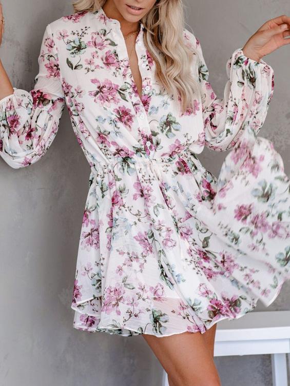 Women's Dresses Floral Button Long Sleeve Mini Dress