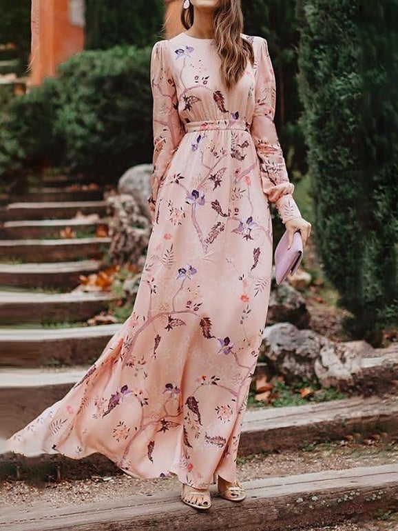 Women's Dresses Floral Print Bare Back Long Sleeve Dress