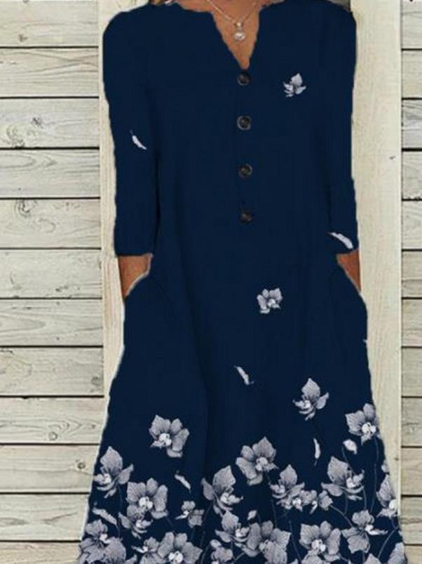 Women's Dresses Floral Print Button Pocket Long Sleeve Dress
