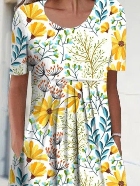 Women's Dresses Floral Print Crew Neck Pocket Dress