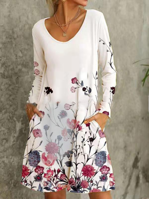 Women's Dresses Floral Print V-Neck Long Sleeve Pocket Dress
