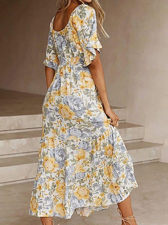 Women's Dresses Floral Printed V-Neck Short Sleeve Split Dress