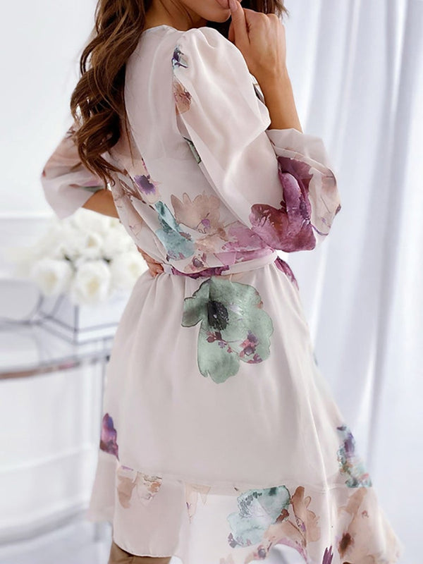 Women's Dresses Flower Print Irregular Long Sleeve Dress