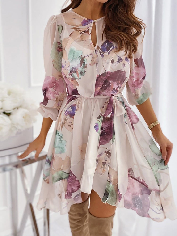 Women's Dresses Flower Print Irregular Long Sleeve Dress