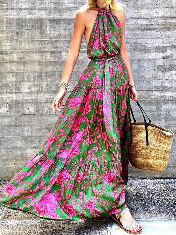 Women's Dresses Halter Floral Print Bare Back Dress