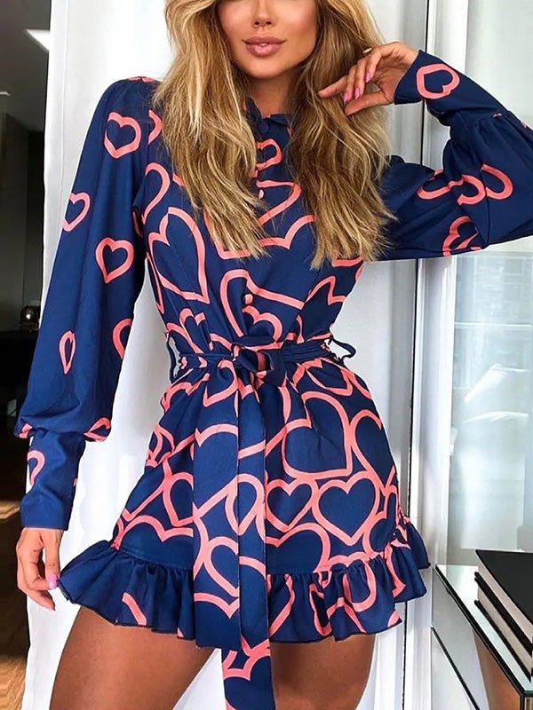 Women's Dresses Heart Print Lace-Up Ruffle Mini Dress