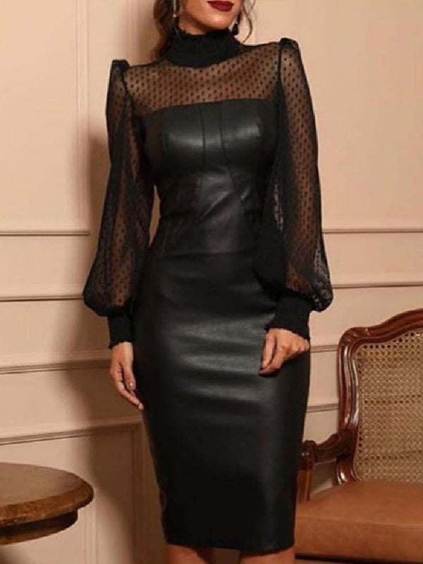 Women's Dresses High Neck Mesh Stitching Long Sleeve Skinny Leather Dress