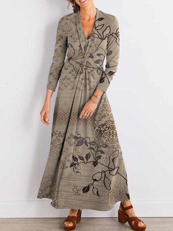 Women's Dresses Knotted V-Neck Printed Long Sleeve Dress